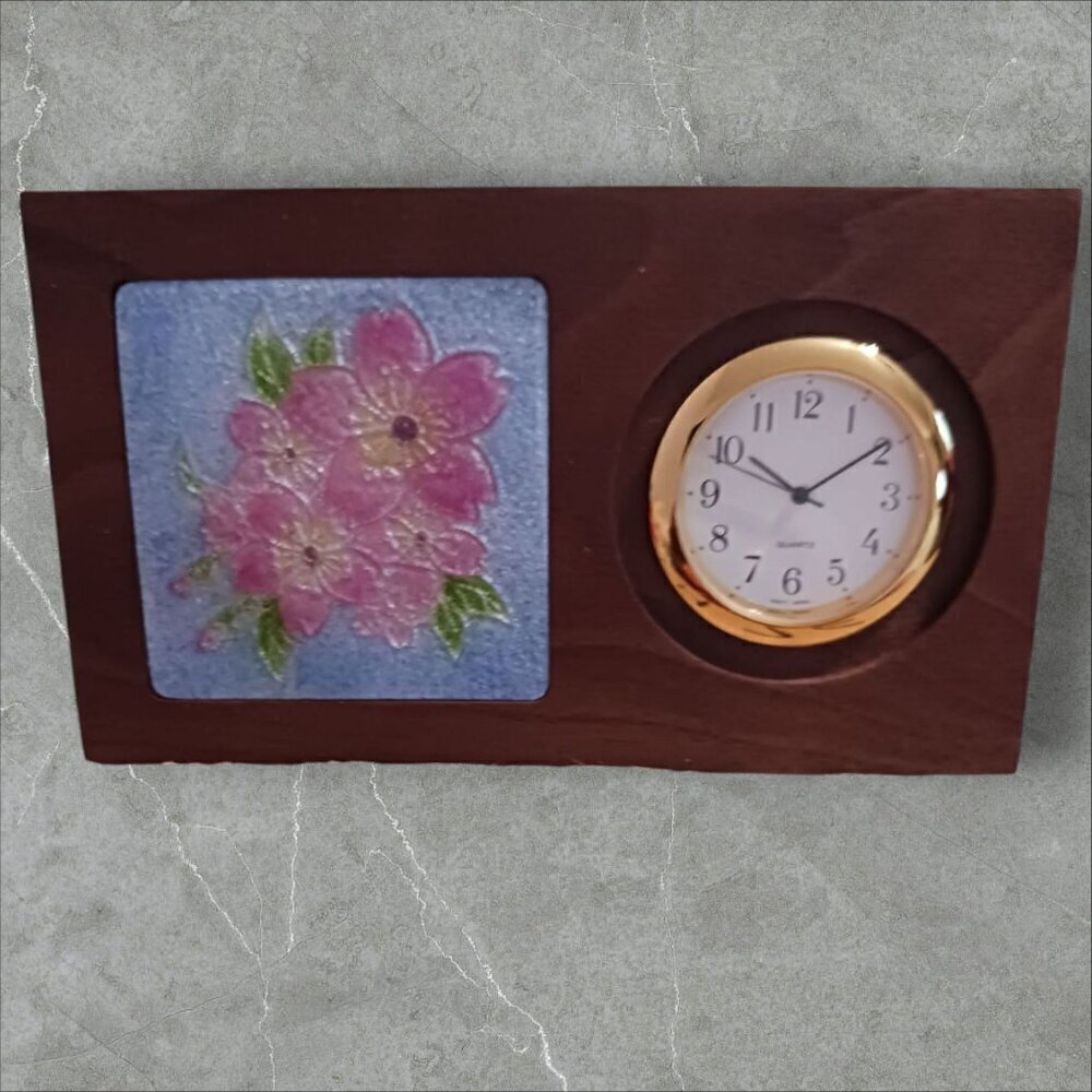 Ando by Quartz Wooden Desk Clock With Floral Cloisonné Panel 7×12×2cm×3.5